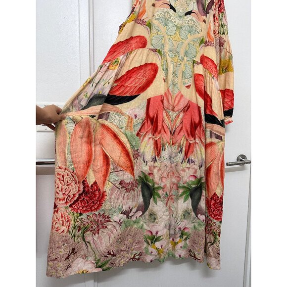 Carolina K Flamingo Bird Print Midi Shirt Dress Floral Tropical Red Linen L - Picture 12 of 13